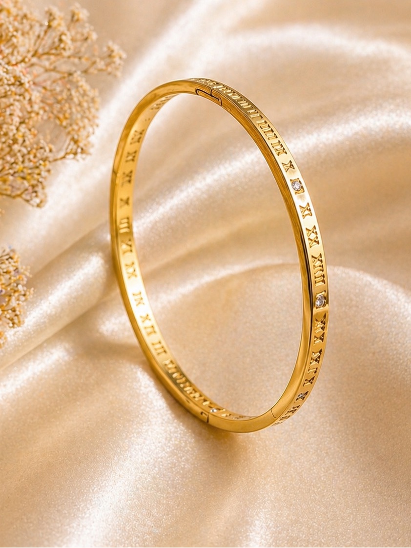 18k Gold Plated Roman Numeral Bangle Bracelet  Women Jewelry